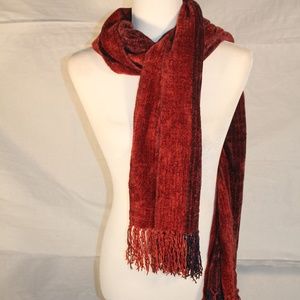 Soft,  warm scarf with maroon, orange and black